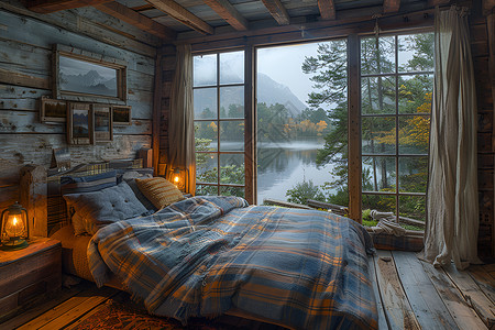 湖边小木屋卧室背景图片