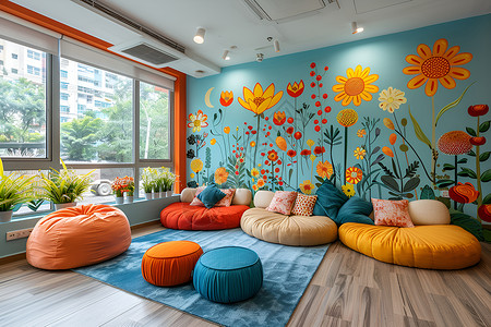 儿童墙绘素材彩色的壁画和懒人沙发背景