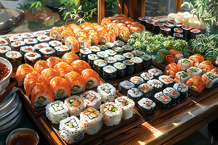 海鲜卷丰盛的寿司自助餐插画