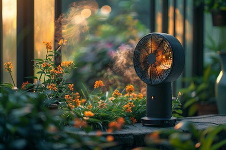 绿植鲜花盆栽鲜花间的太阳能风扇背景