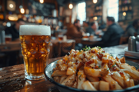 餐厅里的薯条和啤酒背景图片