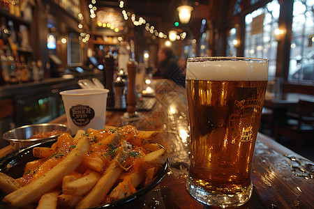 酒吧里的薯条和啤酒背景图片