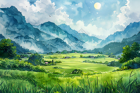 山谷图片群山环绕的稻田插画