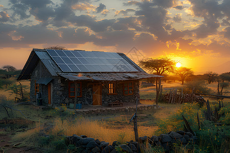 草地山坡夕阳下的太阳能小屋背景