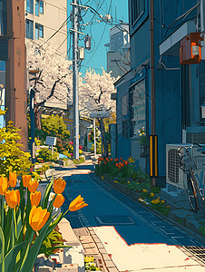 花卉街道背景小巷中的花卉插画