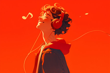 耳机红色戴着耳机的少年插画