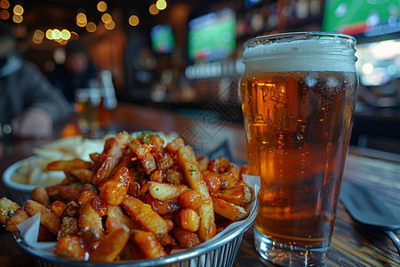 桌子上的美食和啤酒背景图片
