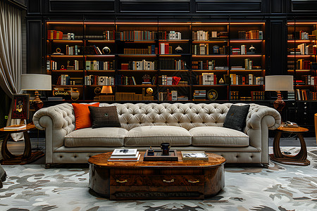 内瑟客厅内的沙发和书架设计图片