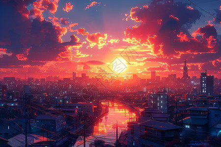 日落时的城市建筑物背景图片