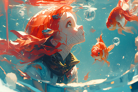 鱼缸潜水泵女孩看着鱼缸里的金鱼插画