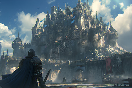 城堡插画骑士站在古堡下插画