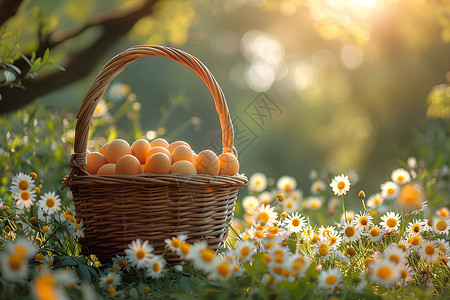 鸡蛋草地竹篮里的鸡蛋背景