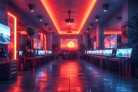 网吧打游戏灯光下的游戏厅设计图片