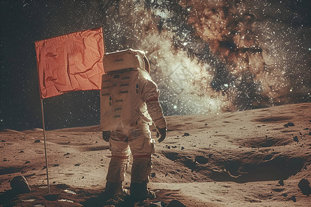 月球上的宇航员举着国旗背景图片