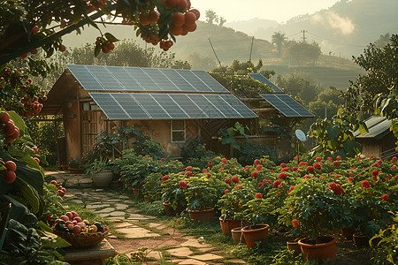 花园房房顶上的太阳能电池板背景