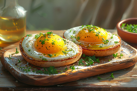 番茄鸡蛋食物木制托盘上的早餐背景