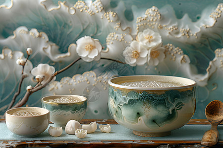 瓷器白色小花和茶具背景