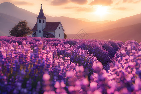 住建薰衣草中的教堂背景