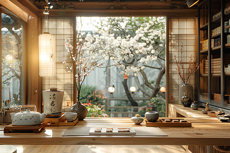 桌子茶杯传统建筑里的木桌子背景