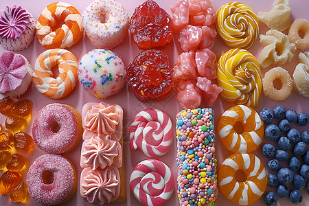 多味甜甜圈派对上的糖果背景