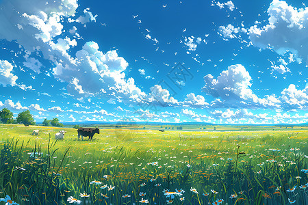 牛羊牧场美丽的草原的牛羊插画