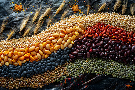 小麦杂粮盒五彩缤纷的豆类与谷物麦片背景