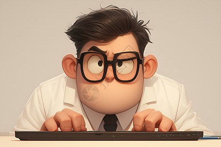 眼镜男人科学家在键盘上打字插画