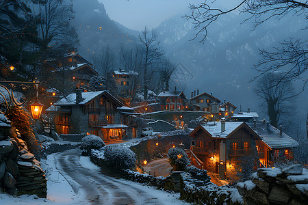 夜景雪温馨村庄的夜景背景