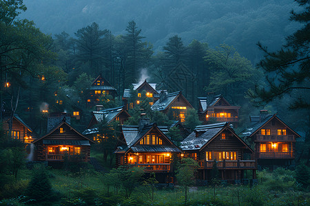 乡村夜晚夜晚的暖色照明下的村落背景