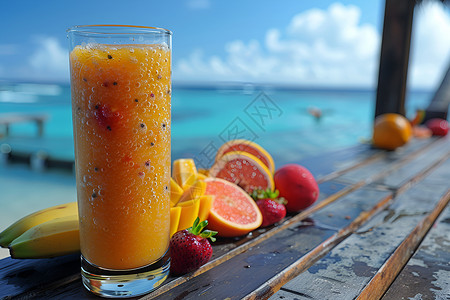 夏日海边果汁饮品背景图片