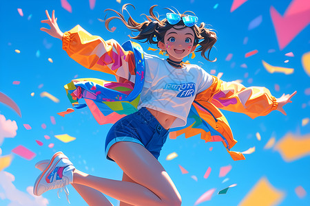 彩色可爱彩带彩色世界的跳跃的女孩插画