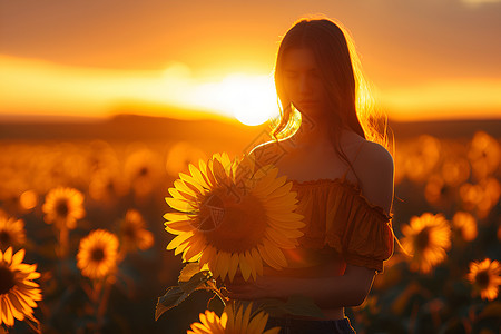 夕阳中的花海女孩背景图片