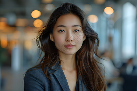 优雅的商人成功女商人站在现代办公室里背景