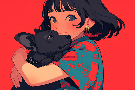 黑色狗狗女孩与狗狗的拥抱插画