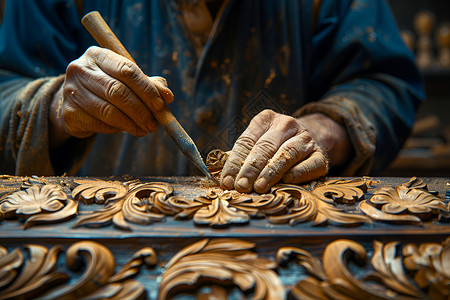 雕花方桌木匠使用凿子雕刻背景