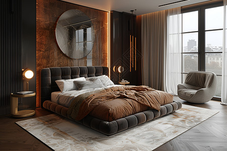 室内毯子时髦卧室的大床背景