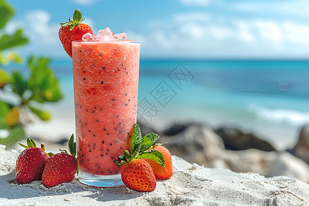 海滩水果夏日草莓冰沙背景