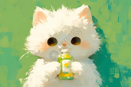 白色猫咪手持瓶子背景图片