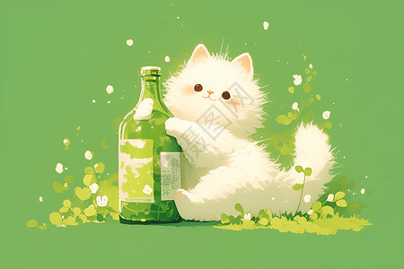 抱着瓶子的白猫背景图片