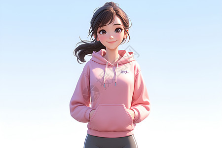 粉红色连帽衫的亚洲女孩插画