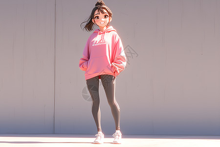 灰色帽衫粉色卫衣和灰色紧身裤脚的女孩插画