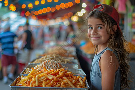双子长发女孩摊位上的女孩贩卖薯条背景