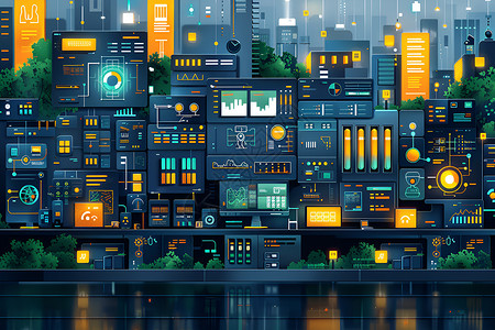 电路控制夜幕中的城市奇观插画