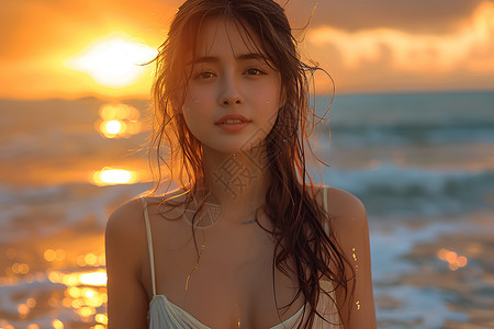 海滩上女孩夕阳下的女孩背景