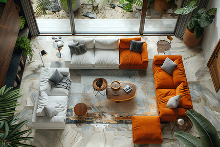 沙发与盆栽一个现代的客厅背景