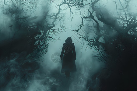 森林大雾幽暗森林中徘徊的人插画