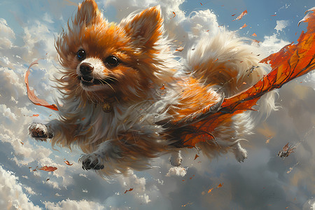 博美犬翱翔云端的小狗插画