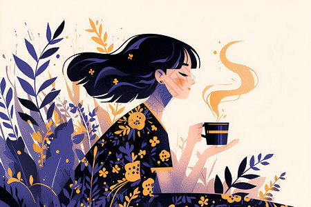 拿咖啡静谧与自然中的女孩插画