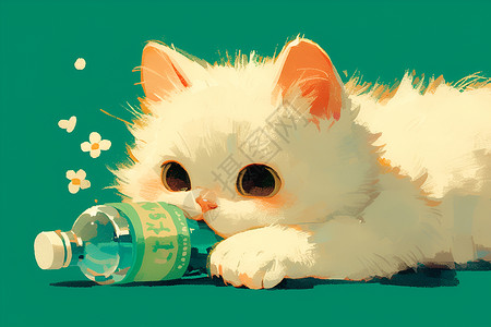 独自玩耍猫咪可爱的白猫和瓶子玩耍插画