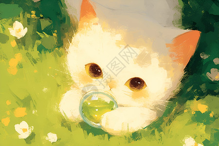 躺在草地上玩耍的白猫高清图片